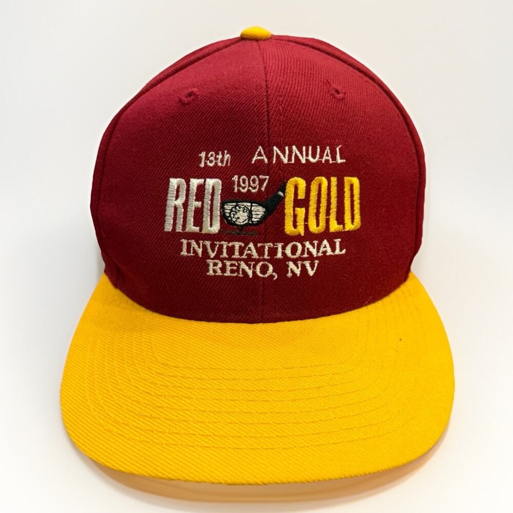 Vtg 90s Otto Mens Red Gold 1997 Golf Invitational Reno, NV SnapBack Hat Cap